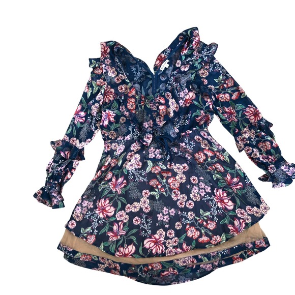 For Love And Lemons Blue Floral Romantic Feminine Silk Blend Mini Dress Sz XS - Picture 4 of 16